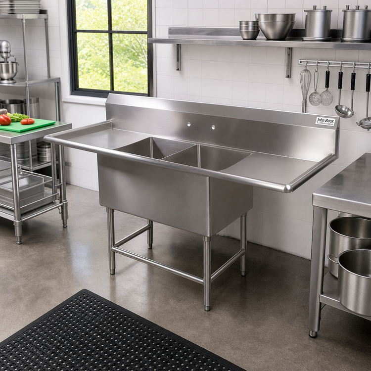 Product image #2 for John Boos Pro-Bowl Freestanding 2-Compartment Sink with Left and Right Drainboards, 16 x 20 Inch Bowls, 12-Inch Deep, 14-Gauge Stainless Steel