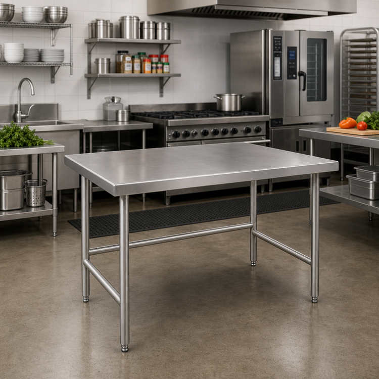 Product image #2 for Advance Tabco 48" x 48" 14-Gauge 304 Stainless Steel Open Base Work Table with Countertop Edge