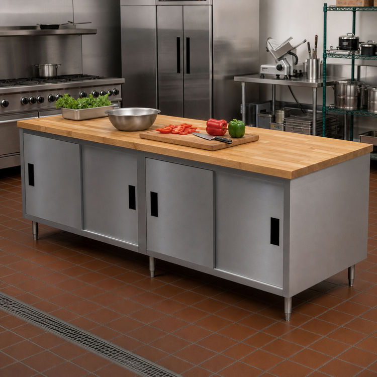 Product image #2 for BK Resources Dual Access Chef Table with Hard Maple Top and Cabinet Base, 96W x 30D x 34-3/4H
