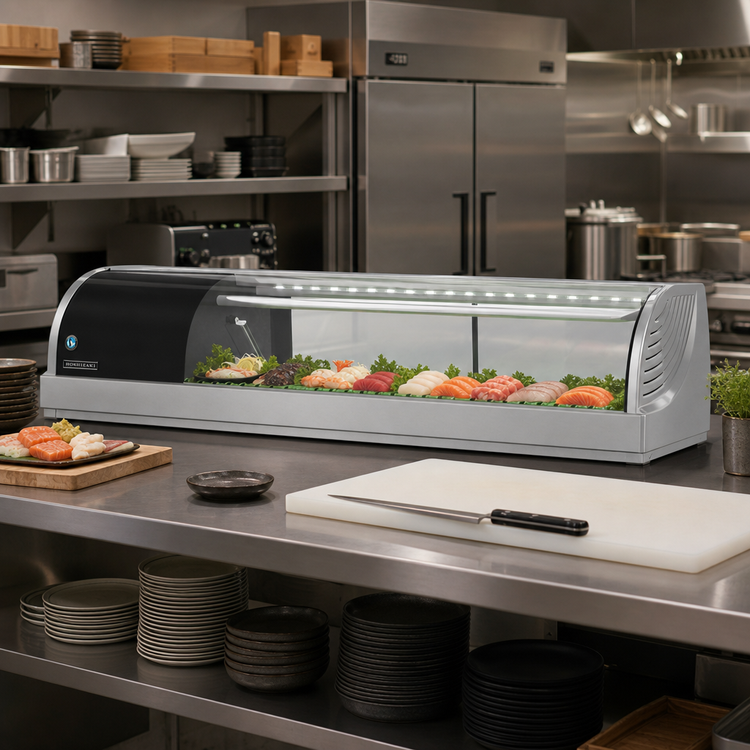 Product image #2 for Hoshizaki Countertop Curved-Glass Refrigerated Sushi Case, 47.2 Inch Wide, Left-Side Self-Contained Refrigeration