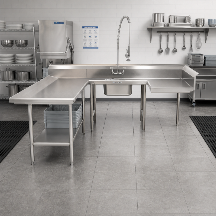 Product image #2 for Advance Tabco U-Shaped Soiled Dish Table with Left-Hand Attachment, Pre-Rinse Sink, and Landing