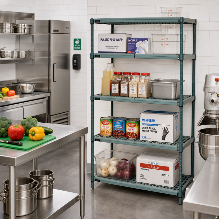 Product image #2 for Quantum 4-Tier Stationary Wire Plastic Mat Shelving Unit, 36 x 14 x 63 Inches, Green Epoxy Coated