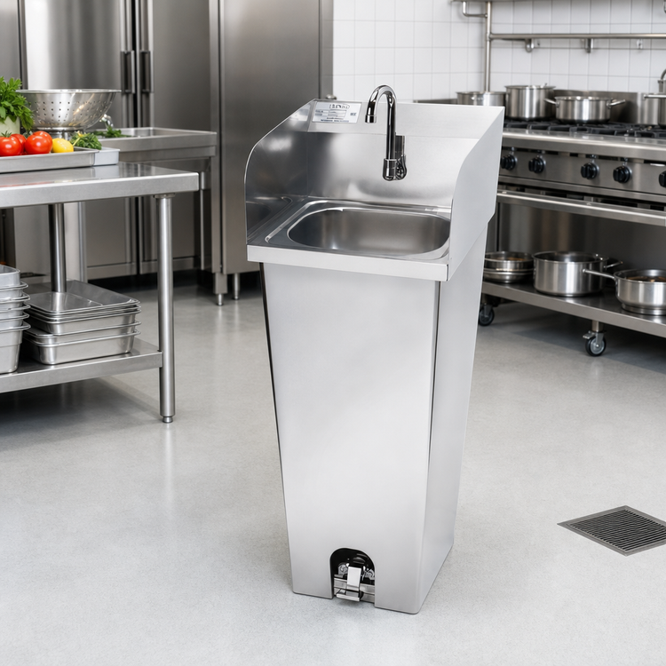Product image #2 for Stainless Steel Pedestal Mount Hand Wash Sink with Gooseneck Faucet, Foot Pedal Valve, Side Splashes, and Backsplash