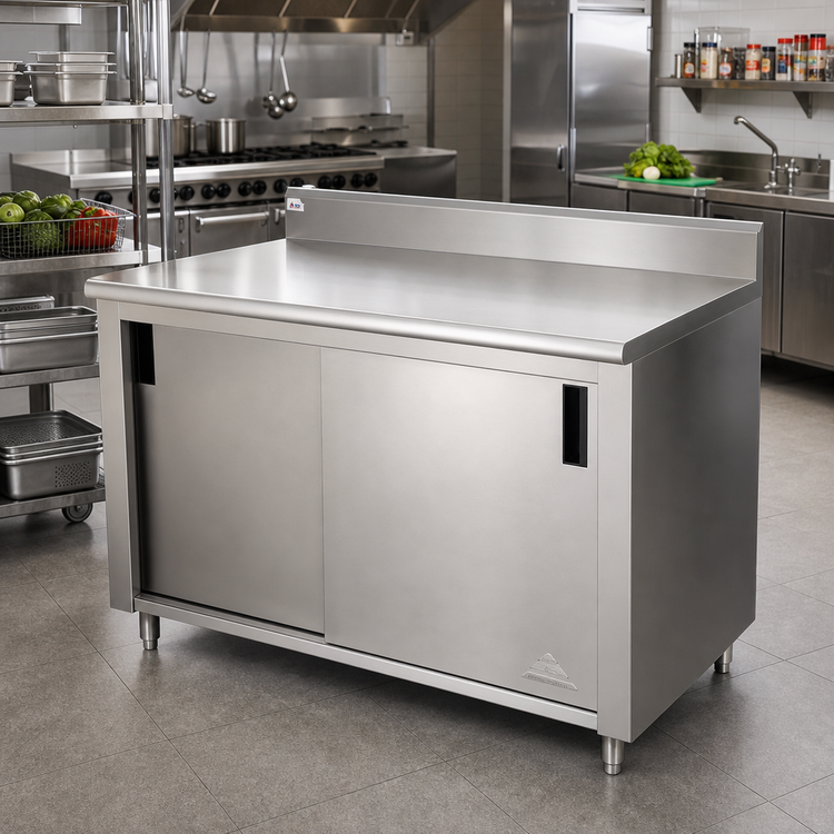 Product image #2 for Advance Tabco 84-Inch x 36-Inch Enclosed Work Table with Cabinet Base, 14-Gauge 304 Stainless Steel Top, Mid-Shelf, Sliding Doors, and 5-Inch Backsplash