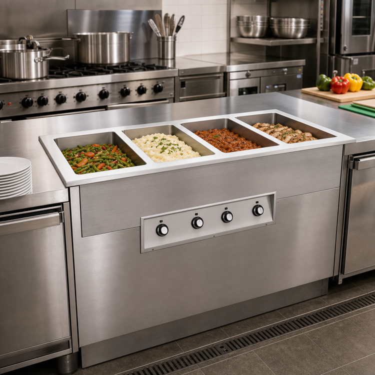 Product image #2 for Randell 4-Pan Drop-In Electric Wet Hot Well with 12" x 20" Openings, Drains, and Manifold