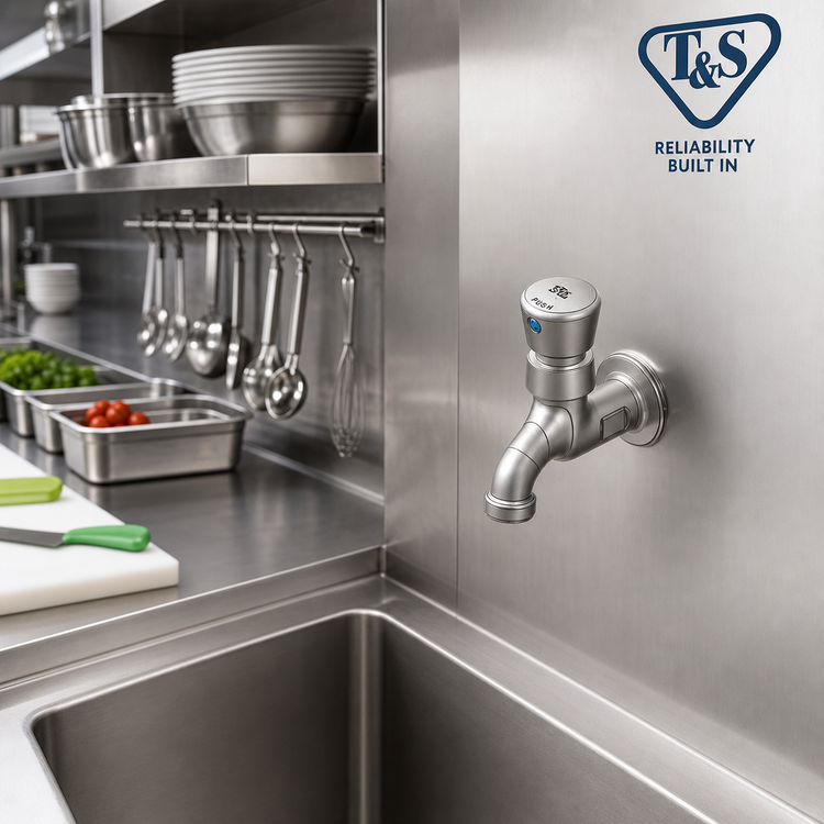 Product image #2 for T&S Brass Wall-Mount Single-Temperature Single Sink Faucet with Push Button Metering Cartridge