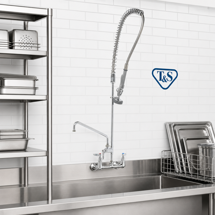 Product image #2 for T&S Brass EasyInstall Wall-Mount Pre-Rinse Unit with Add-On Faucet, 8-Inch Centers, 8-Inch Swing Nozzle, and 44-Inch Hose