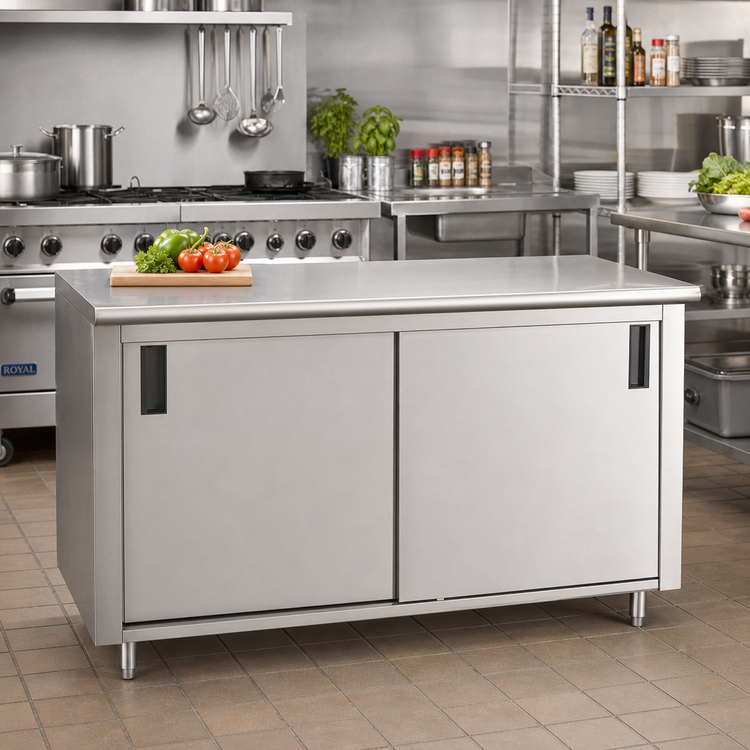 Product image #2 for Advance Tabco Special Value Economy Cabinet Base Enclosed Work Table with Sliding Doors, 120 x 24 Inches, 16-Gauge 304 Stainless Steel Top