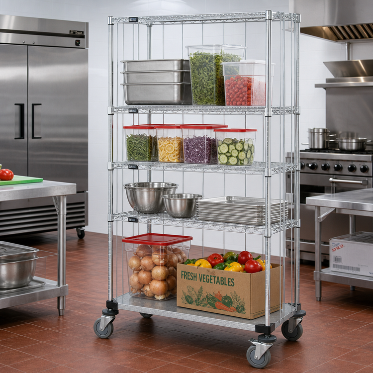 Product image #2 for Quantum Mobile Enclosure Wire Shelving Cart, 4 Shelves, Chrome-Plated Finish, 48 x 18 x 80 Inches