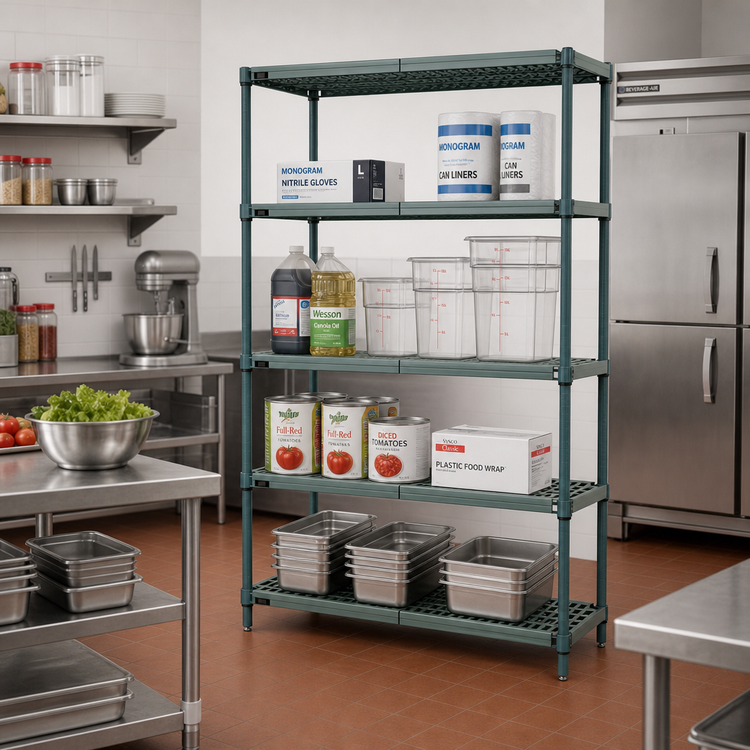 Product image #2 for Quantum 54"W x 14"D x 74"H 4-Tier Stationary Wire Plastic Mat Shelving Unit, Green Epoxy Coated
