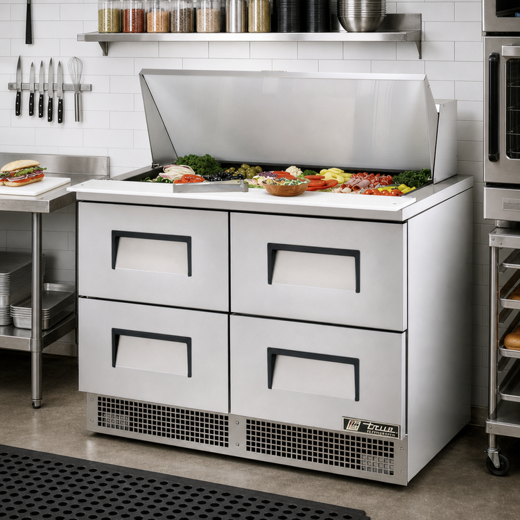 Product image #2 for True 48-Inch Two-Section Drawered Sandwich/Salad Prep Table with 4 Drawers, 18-Pan Top, R290 Hydrocarbon Refrigeration