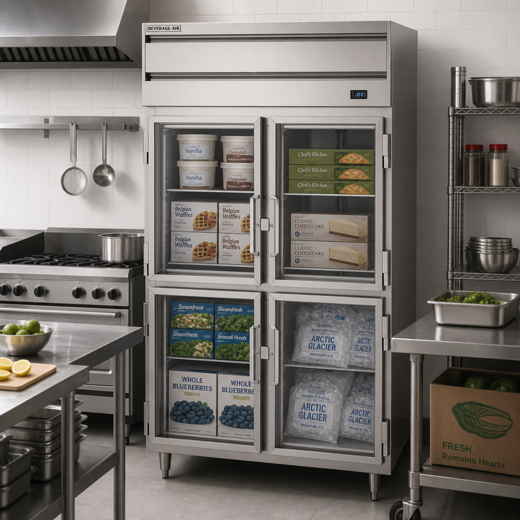 Product image #2 for Beverage Air P Series Two-Section Reach-In Freezer with 4 Glass Half Doors, 44.57 Cu. Ft.