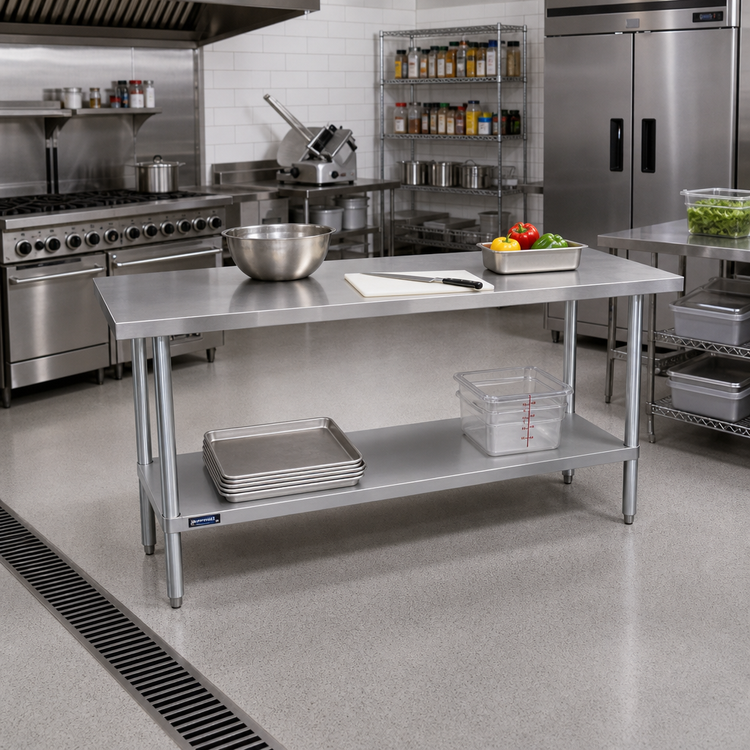 Product image #2 for Sapphire 60-Inch x 14-Inch Flat Top Stainless Steel Worktable with Galvanized Legs and Undershelf