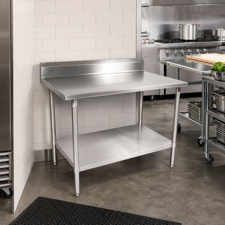 Product image #2 for John Boos Stallion 30" x 30" 14-Gauge 300 Series Stainless Steel Corner Work Table with 5" Backsplash and Undershelf
