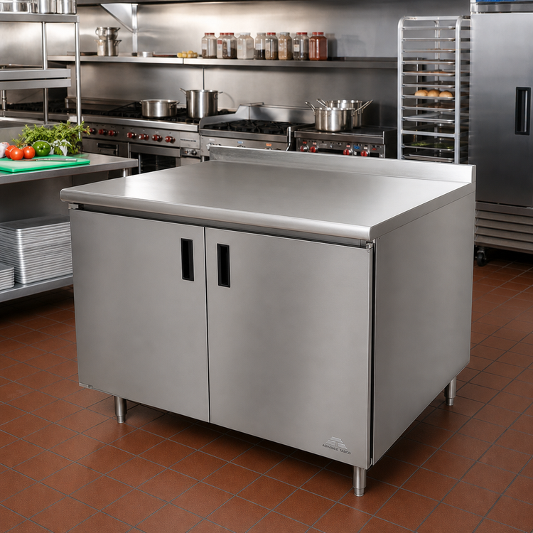 Product image #2 for Advance Tabco 60" x 36" Enclosed Work Table with Cabinet Base, Hinged Doors and 14-Gauge 304 Stainless Steel Top