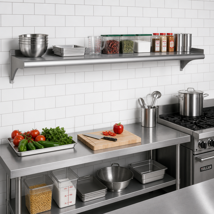 Product image #2 for Eagle Group 108-Inch W x 12-Inch D Wall-Mounted Stainless Steel Wall Shelf, 16 Gauge 304