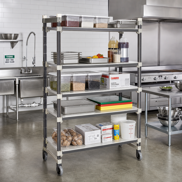 Product image #2 for Cambro Camshelving Elements XTRA Series 5-Tier High Density Top Rail Mobile Starter Unit, 21"D x 54"L x 80"H