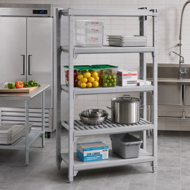 Product image #3 for Cambro Camshelving Premium 21" x 54" 4-Shelf Solid & Vented Shelf Kit, Speckled Gray