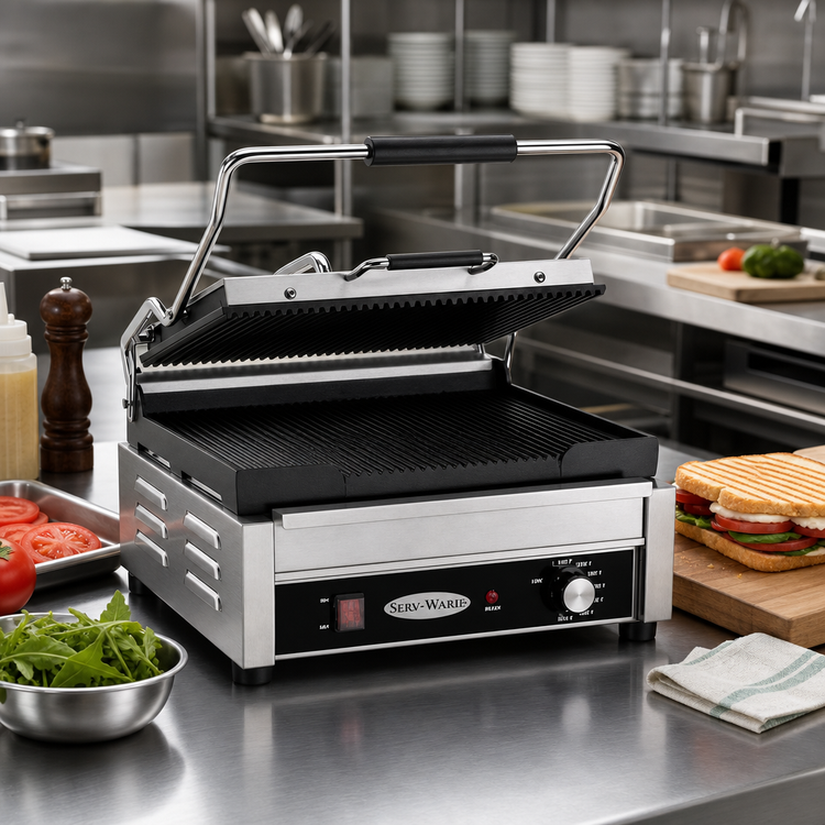 Product image #2 for Serv-Ware Single Countertop Electric Panini Press with Grooved Cast Iron Top and Bottom Plates