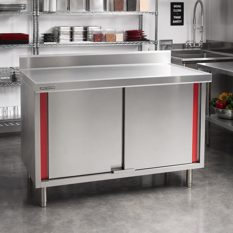 Product image #2 for Spec-Master CBH24120SEM-BS Marine Series 120" Stainless Steel Enclosed Work Table with Hinged Doors and Backsplash