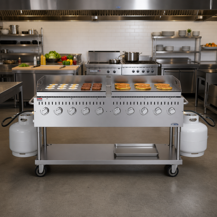 Product image #2 for KoolMore 10-Burner Mobile Outdoor Propane Gas Charbroiler Grill with Dual 36-Inch Griddle Plates