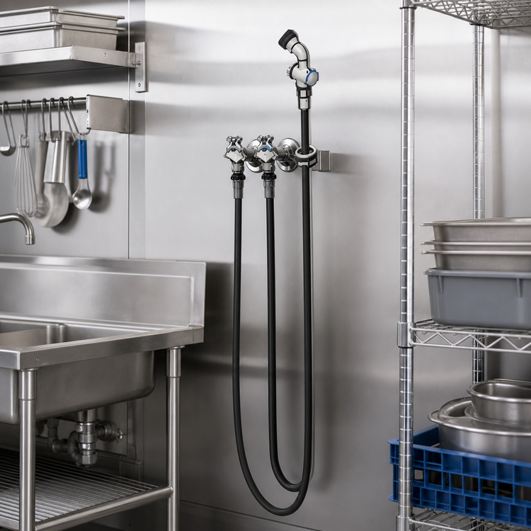Product image #2 for T&S Brass Concealed 3-Inch Centers Mixing Faucet with 72-Inch Hose, Vacuum Breaker and Rosespray Spray Valve