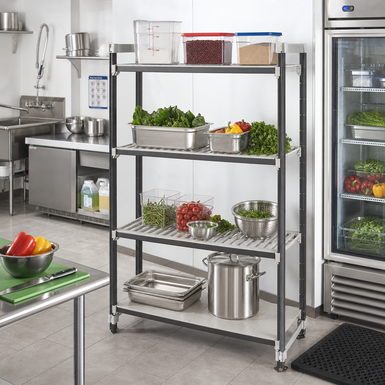 Product image #2 for Cambro Camshelving Elements XTRA High Density Top Rail 4-Tier Stationary Starter Shelving Unit, 18"D x 42"L x 81"H, 3 Vented + 1 Solid