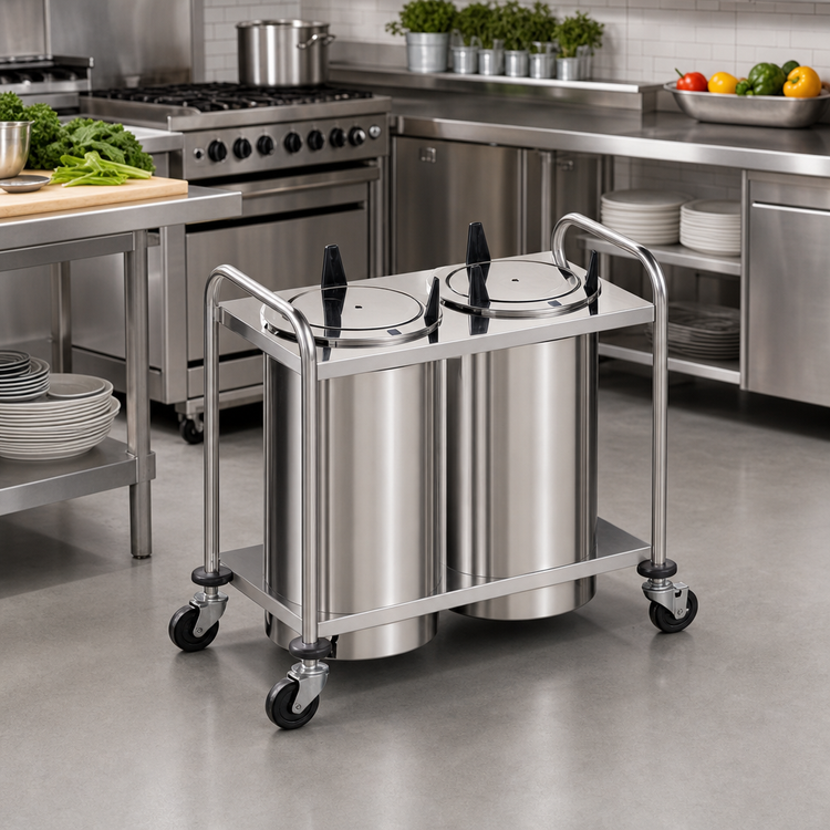 Product image #2 for Atlas Metal 2-Stack Heated Mobile Open Plate Dispenser for 6-1/2-Inch Round Plates