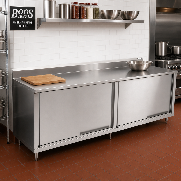 Product image #2 for John Boos 132-Inch x 30-Inch Enclosed Work Table Cabinet Base with Sliding Doors, 14-Gauge Stainless Steel Top and 5-Inch Backsplash