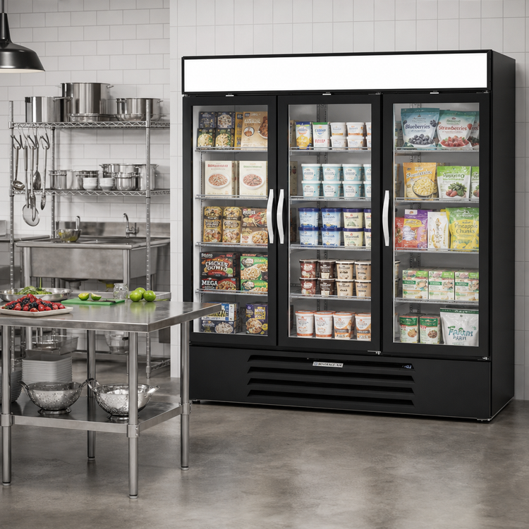 Product image #2 for Beverage-Air MarketMax Three-Section Reach-In Glass Door Freezer Merchandiser, 68.43 Cu. Ft., Bottom-Mounted Self-Contained, Black