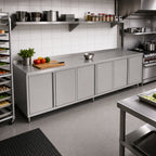 Thumbnail image #2 for John Boos 4CH4R1.5-30144 Enclosed Stainless Steel Work Table, 144W x 30D, 14-Gauge Type 300 Top, 1-1/2-Inch Backsplash