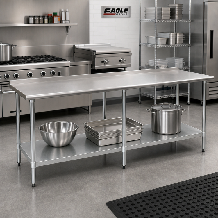 Product image #2 for Eagle Group Budget Series 108-Inch x 36-Inch 430 Stainless Steel Work Table with Rear Up-Turn and Undershelf