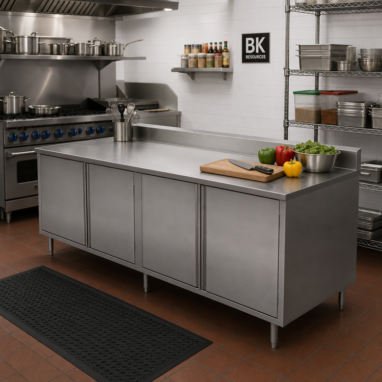 Product image #2 for BK Resources 96-Inch x 30-Inch Stainless Steel Chef Table with Cabinet Base, Hinged Doors, and 5-Inch Backsplash