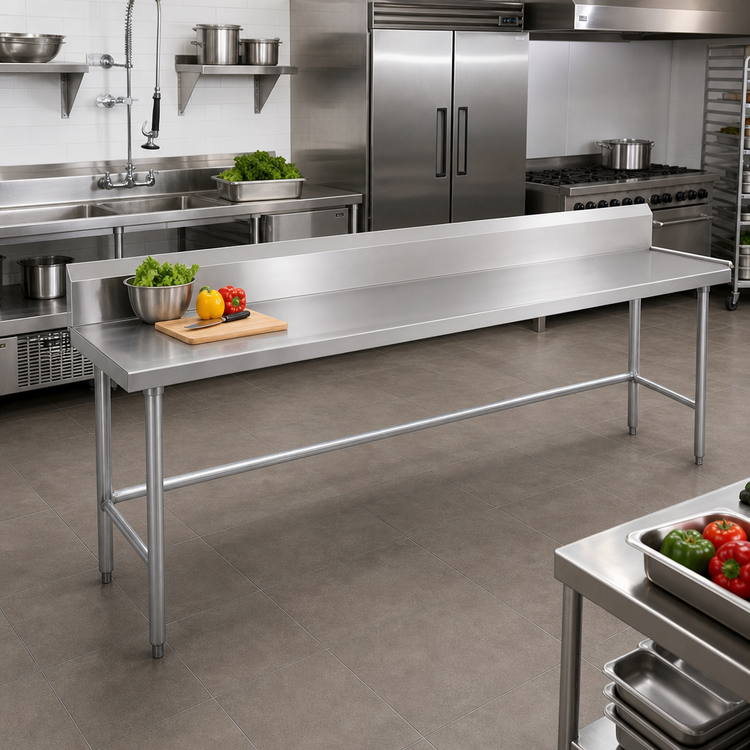 Product image #2 for Advance Tabco TVKS-3612 144-Inch x 36-Inch Stainless Steel Work Table with 10-Inch Backsplash and Open Base