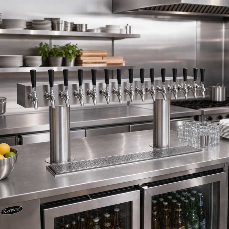 Product image #2 for Krowne Double T-Head Glycol-Cooled Countertop Beer Tower, 14 Faucet Capacity, 42-Inch Long Box, Brushed Stainless Steel