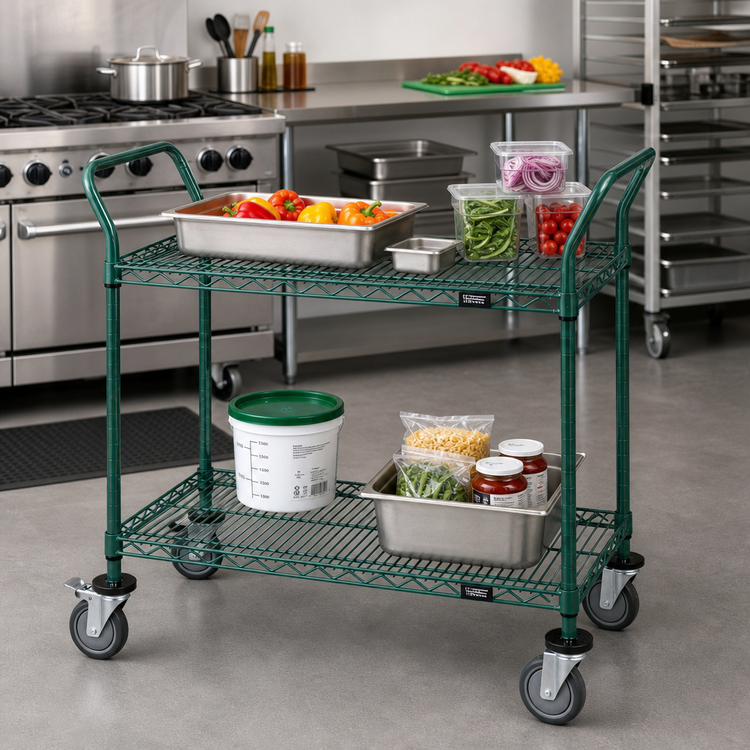 Product image #2 for Quantum 2-Shelf Wire Utility Cart with U-Handles, 60 x 24 x 37-1/2 Inches, Green Epoxy Antimicrobial Finish