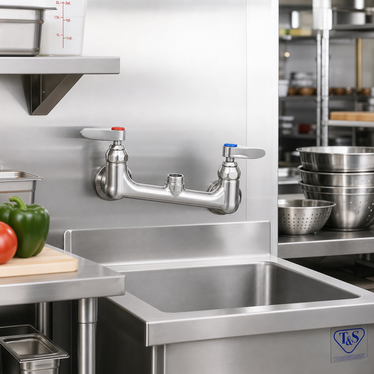 Product image #2 for T&S Brass EverSteel 8-Inch Stainless Steel Wall Mount Mixing Faucet with Swivel Outlet, Less Nozzle