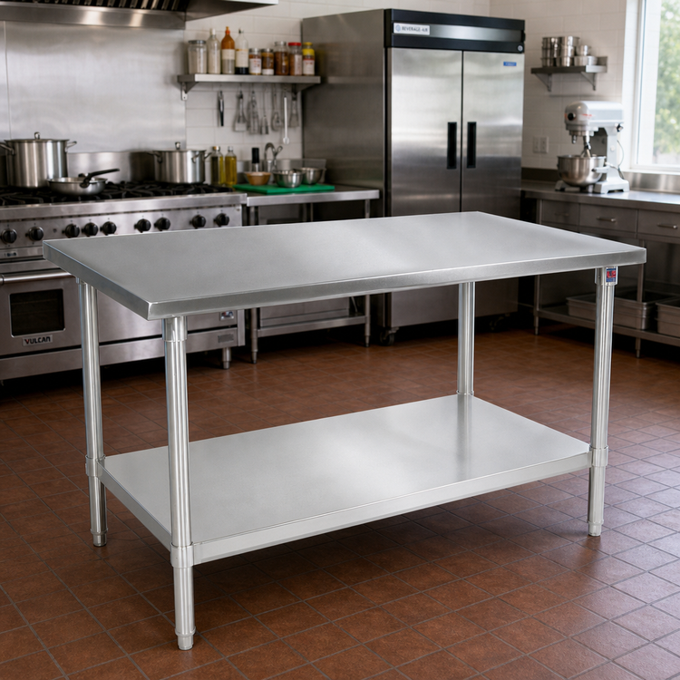 Product image #2 for 84 Inch x 36 Inch 16-Gauge Stainless Steel Top Work Table with Stallion Safety Edge and Galvanized Undershelf