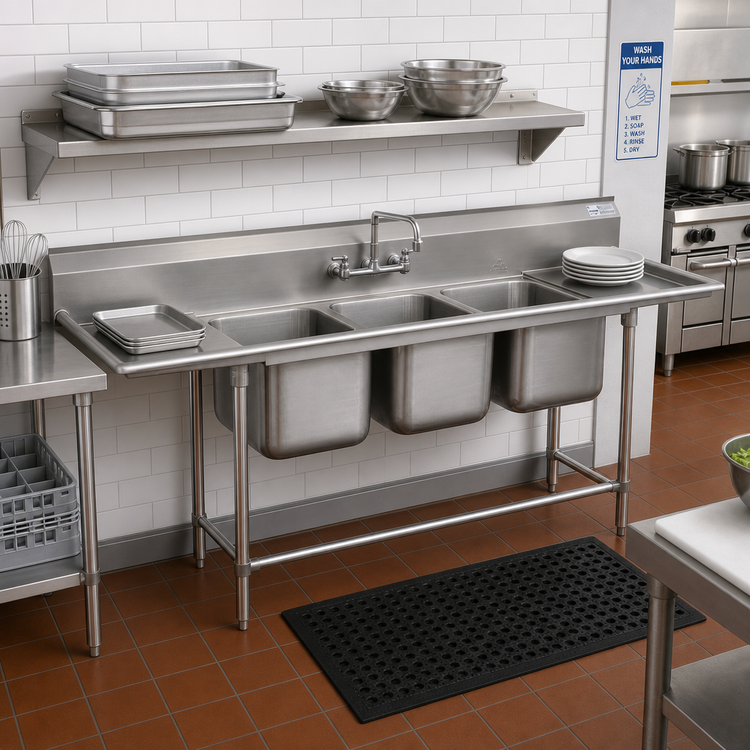Product image #2 for Advance Tabco Regaline 3-Compartment Commercial Sink with Left & Right-Hand Drainboards, 20" x 20" Bowls, 14-Gauge 304 Stainless Steel