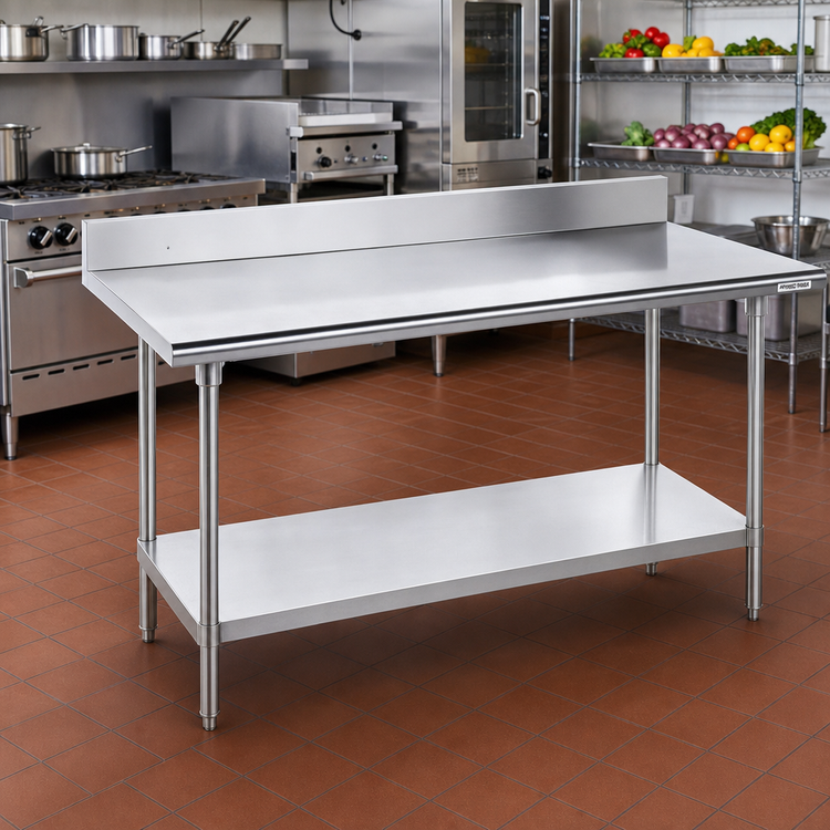 Product image #2 for Advance Tabco 144-Inch x 30-Inch 16-Gauge 304 Stainless Steel Work Table with 5-Inch Backsplash and Adjustable Undershelf