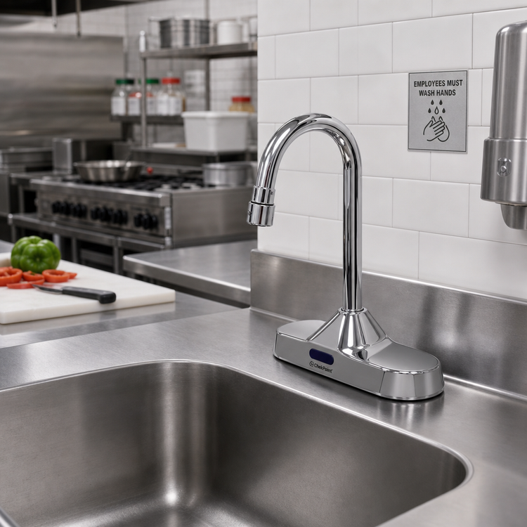 Product image #2 for ChekPoint Electronic Sensor Gooseneck Deck-Mount Touchless Faucet with Mixing Valve, Polished Chrome-Plated Brass