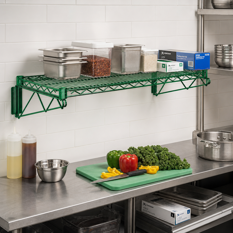 Product image #2 for Wall-Mounted Cantilever Single Wire Shelf Unit, 36 x 21 Inches, Green Epoxy Coated