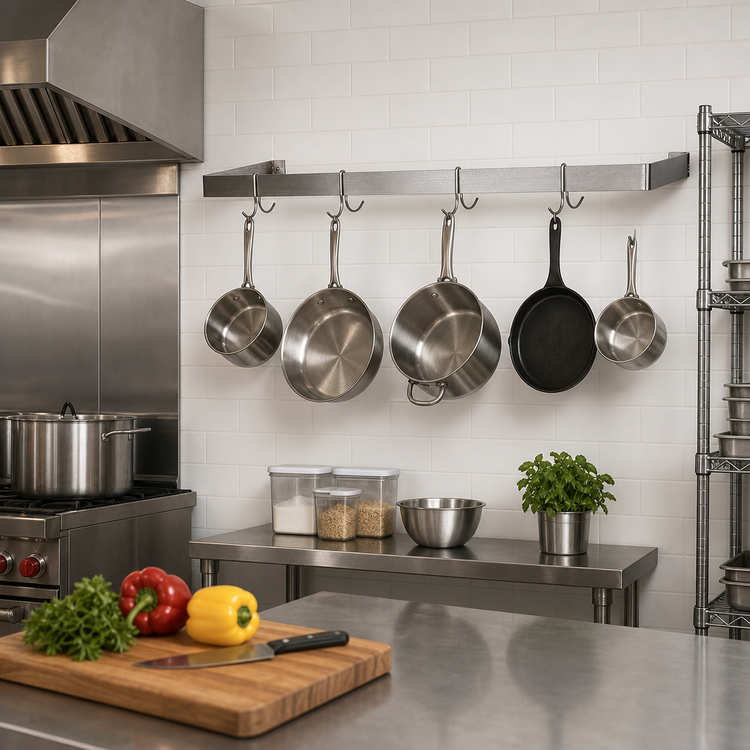 Product image #2 for BK Resources 60 Inch Wall-Mount Single Bar 304 Stainless Steel Pot Rack with 5 Double Prong Hooks