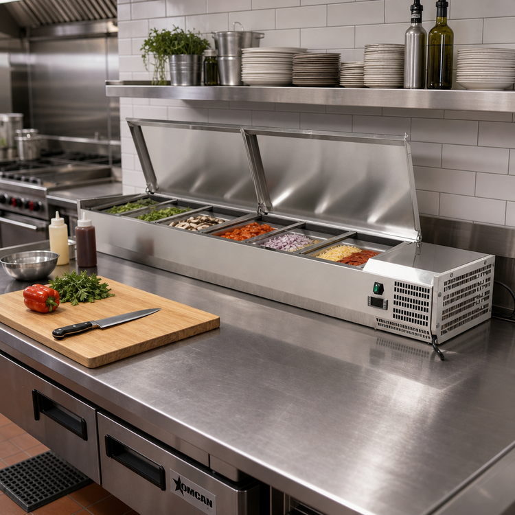 Product image #2 for Omcan Refrigerated Countertop Topping Rail with Stainless Steel Cover, 78 Inch, 9-Pan Capacity for 1/3 Size Pans
