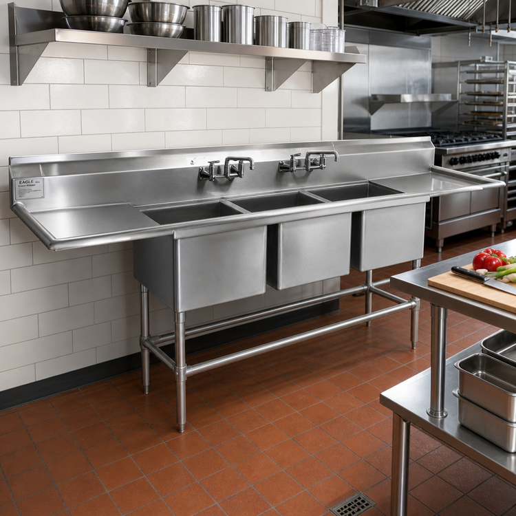 Product image #2 for Eagle Spec-Master FN Series Three-Compartment Stainless Steel Sink, 63 x 27 Inches, No Drainboards