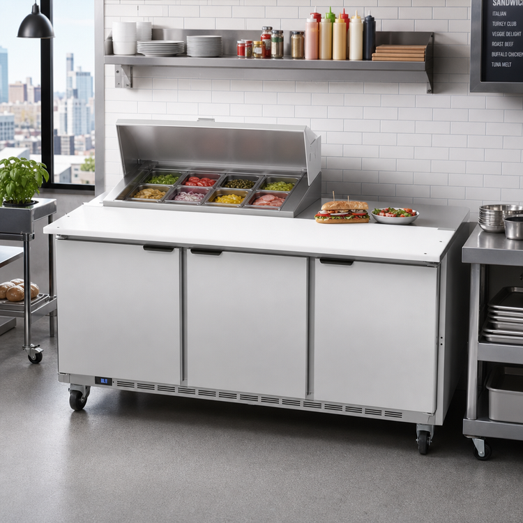 Product image #3 for Beverage-Air SPE72HC-08C Three-Section Sandwich Top Refrigerated Prep Table, 72 Inch, 3-Door, 8-Pan