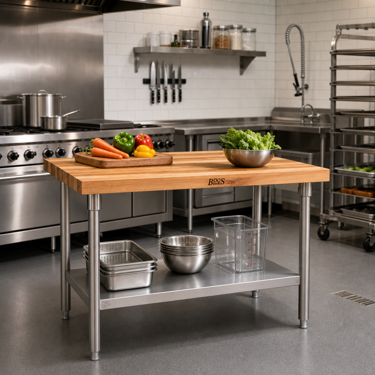 Product image #2 for John Boos 36" x 36" Wood Top Work Table with Adjustable Undershelf and Stainless Steel Legs