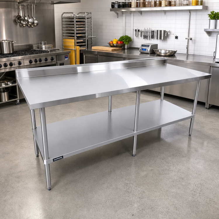 Product image #2 for Sapphire 84-Inch Stainless Steel Worktable with 5-Inch Backsplash and Undershelf