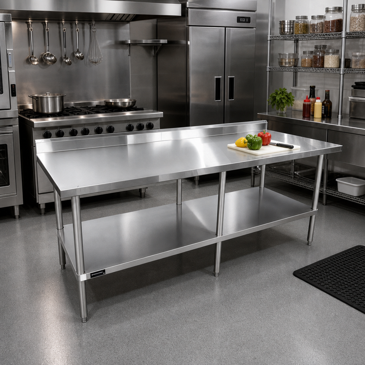 Product image #2 for Sapphire 84-Inch Stainless Steel Worktable with 5-Inch Backsplash and Undershelf