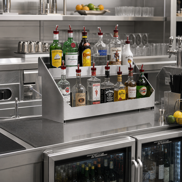 Product image #2 for Advance Tabco Special Value Underbar Basics Double-Tier Stainless Steel Speed Rail, 36 Inch, 18-20 Bottle Capacity